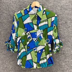 Caviar Shirt Women M Medium Green Geometric Button Up Collared 3/4 Sleeve Casual
